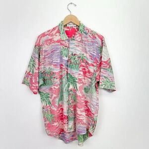 Shore Club Men’s Vintage Pink Tropical Hawaiian Tiki Short Sleeve Buttondown